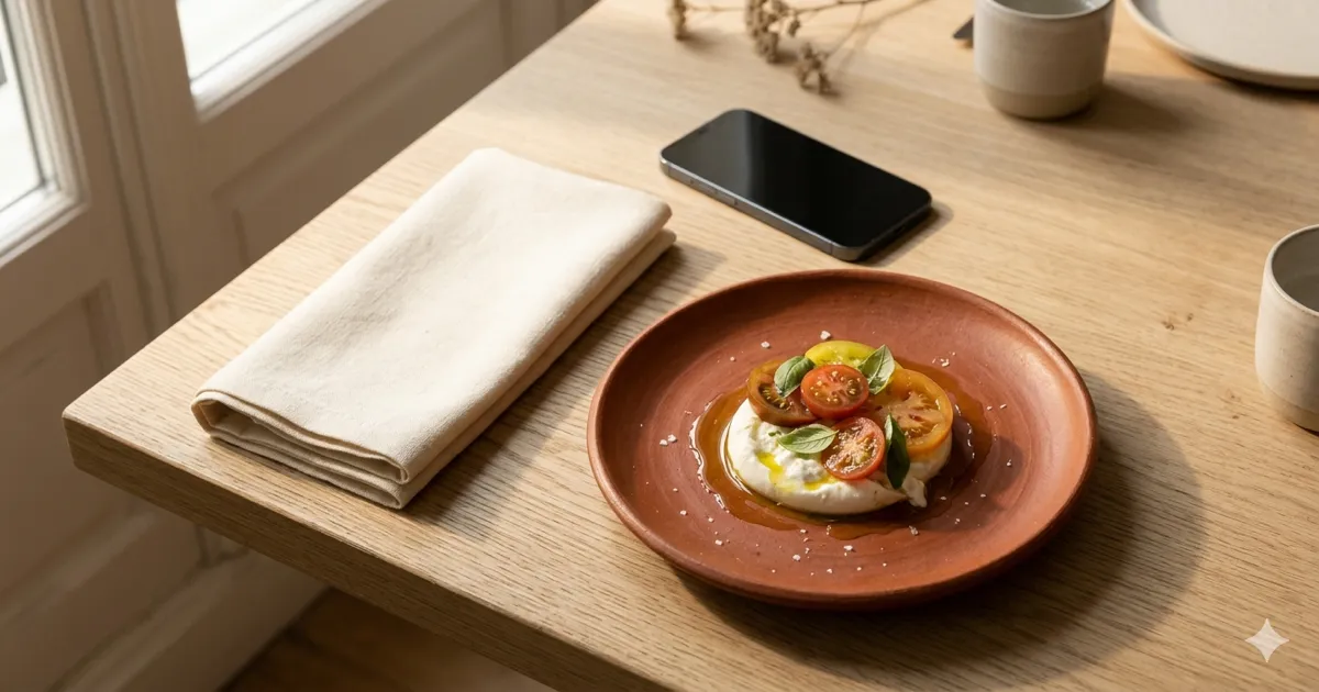 Mesa de restaurante com um prato cuidadosamente apresentado e um smartphone ao lado