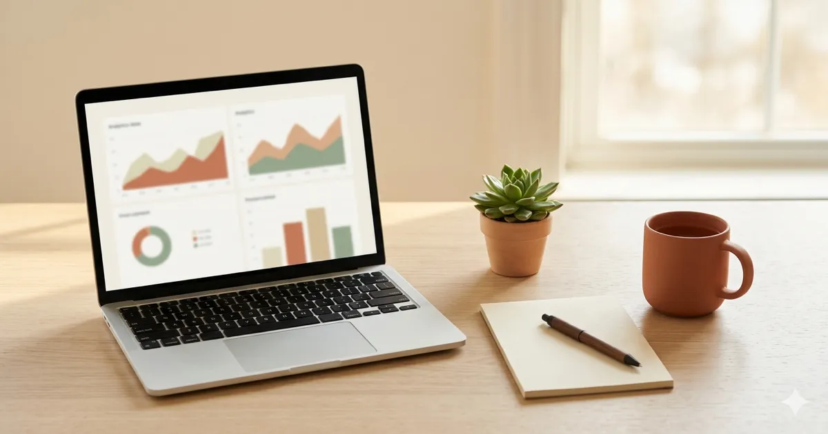 Secretária com ecrã de computador a mostrar estatísticas de visibilidade online