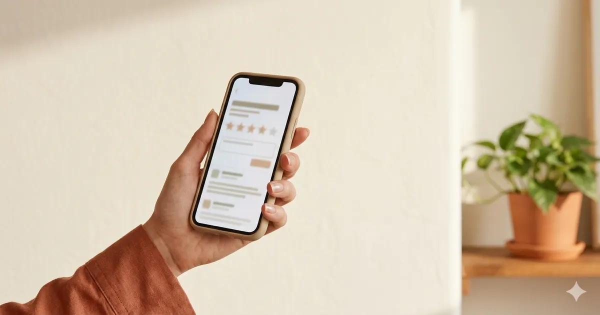 Mão a segurar um smartphone a mostrar avaliações Google de cinco estrelas