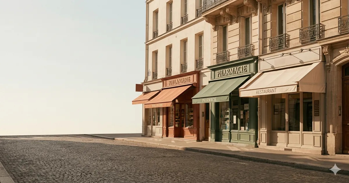 Vista panorâmica de Paris com comércios locais em primeiro plano