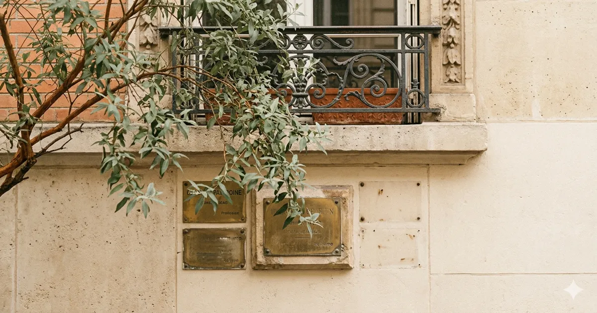 Consultório dentário com tabuleta discreta numa rua parisiense calma