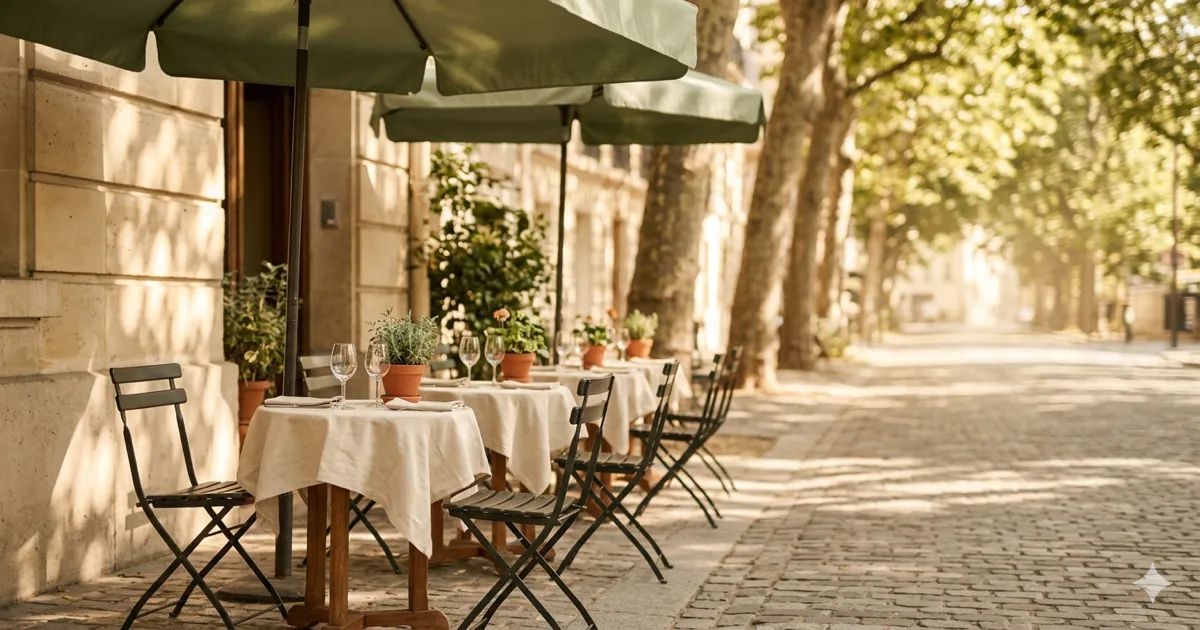 Esplanada de restaurante parisiense com mesas de madeira e luz natural