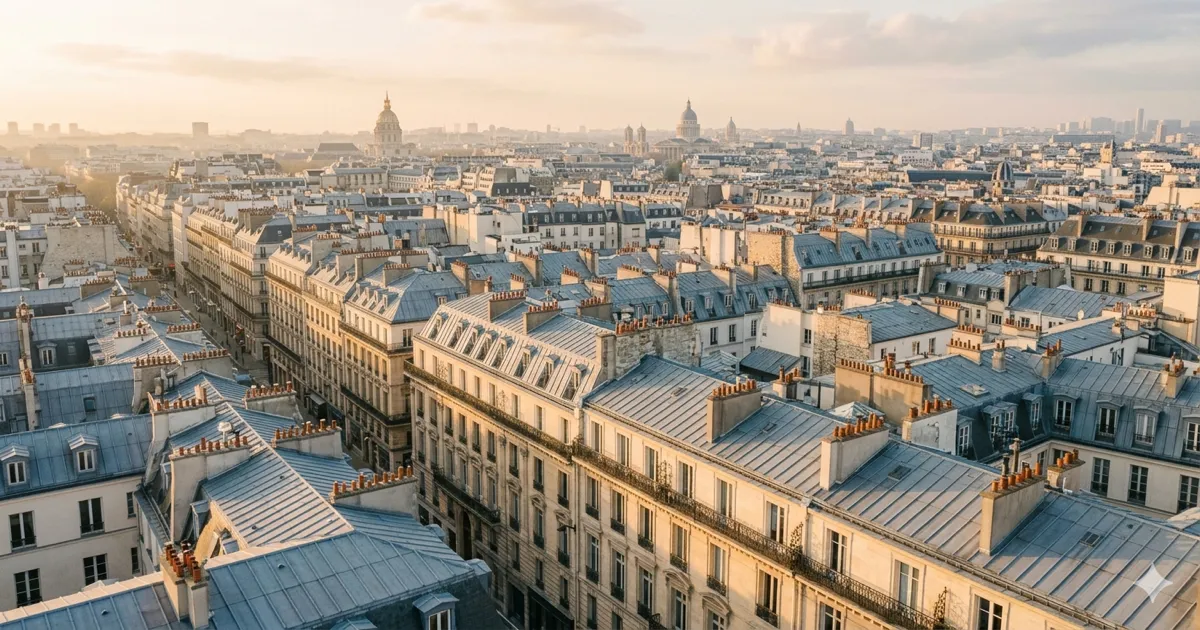 Vista aérea de telhados parisienses com consultórios dentários espalhados pela cidade