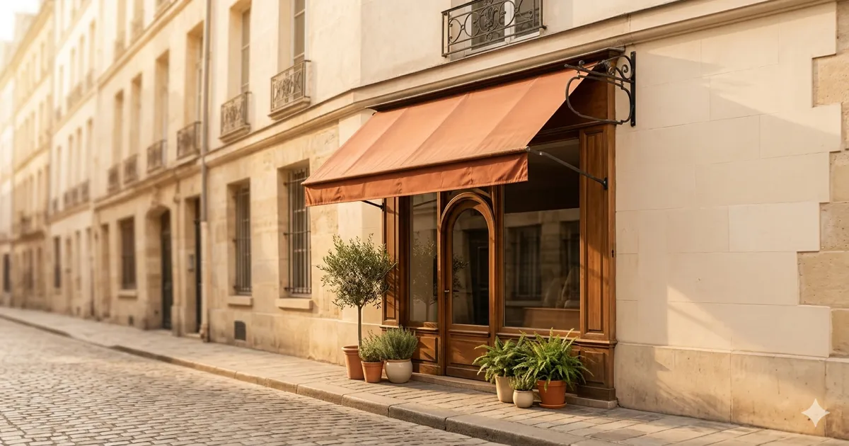 Fachada de um comércio local com uma luz quente, vista da rua