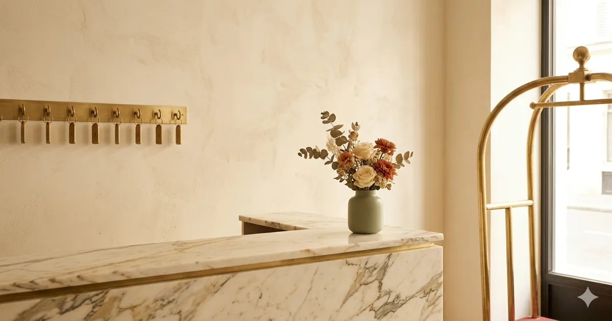 Receção de um hotel parisiense elegante com um ecrã a mostrar o Google AI Overview