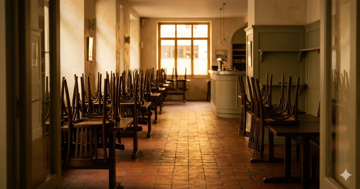 Interior de um restaurante parisiense vazio com cadeiras viradas sobre as mesas