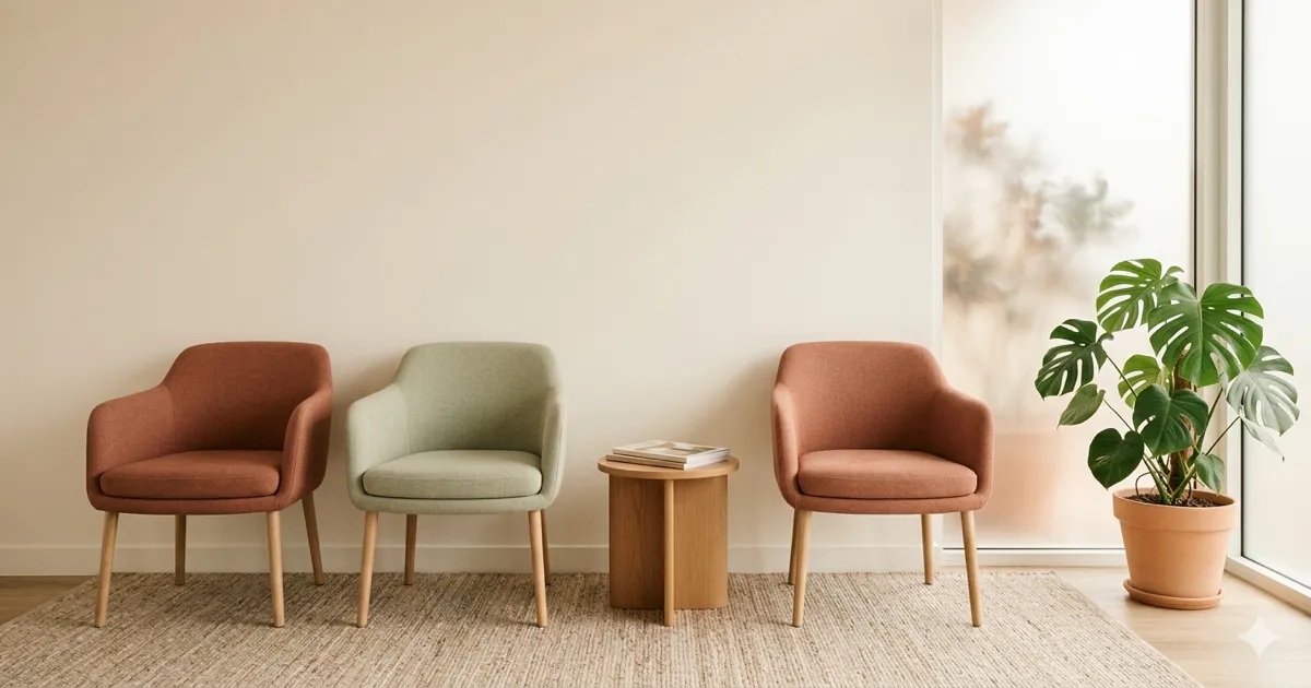 Sala de espera de um consultório dentário com pacientes a consultar o telemóvel