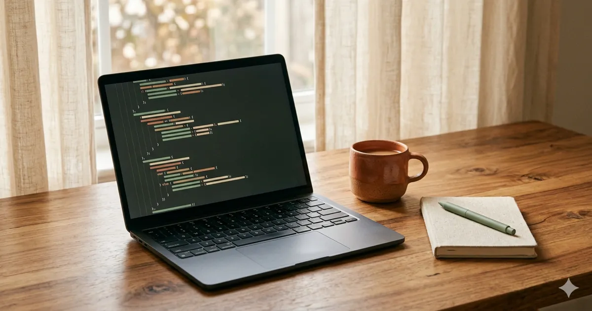 Linhas de código estruturado apresentadas num ecrã num ambiente acolhedor