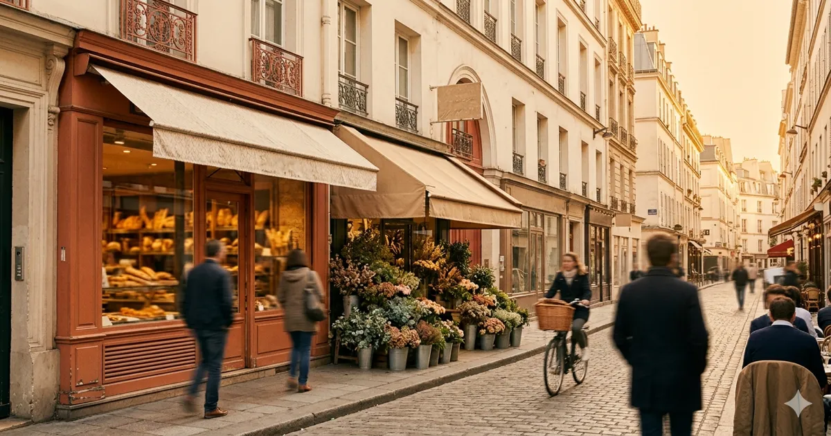 Rua comercial parisiense animada com tabuletas de lojas locais